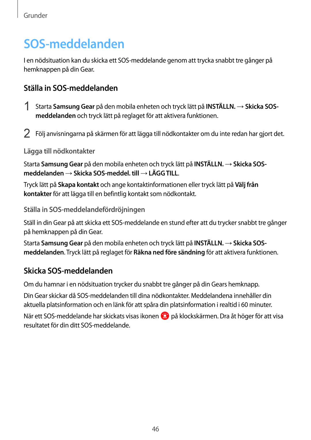 Samsung SM-R600NZKANEE, SM-R600NZBANEE manual Ställa in SOS-meddelanden, Skicka SOS-meddelanden 