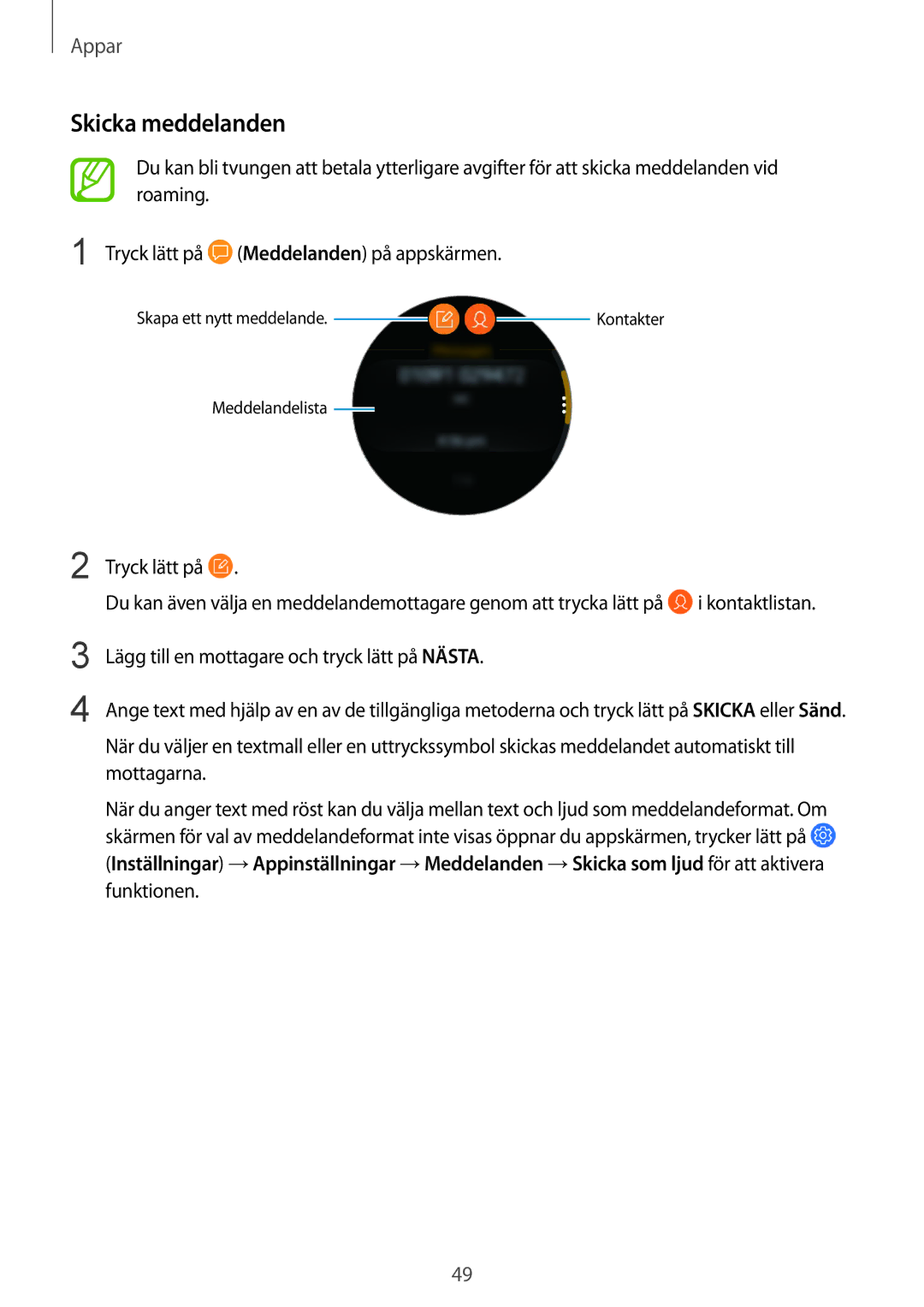 Samsung SM-R600NZBANEE, SM-R600NZKANEE manual Skicka meddelanden 