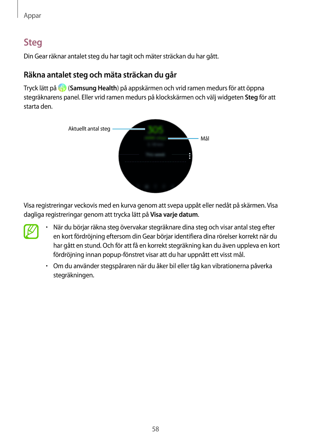 Samsung SM-R600NZKANEE, SM-R600NZBANEE manual Steg, Räkna antalet steg och mäta sträckan du går 
