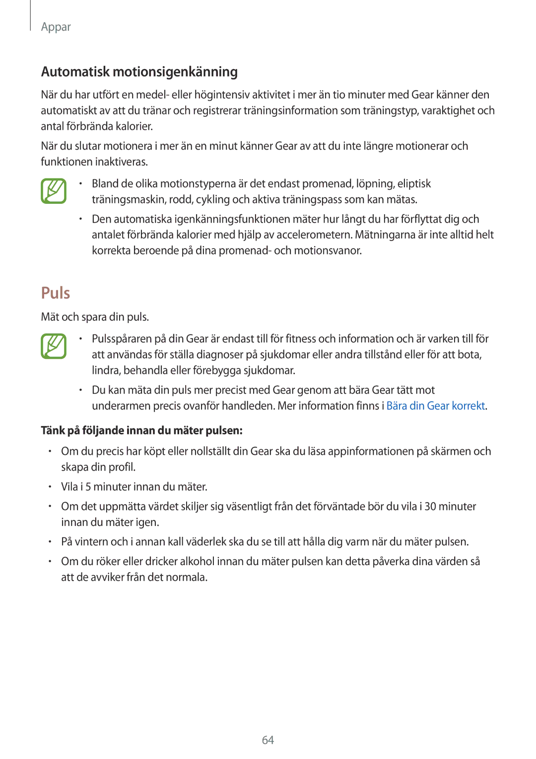 Samsung SM-R600NZKANEE, SM-R600NZBANEE manual Puls, Automatisk motionsigenkänning, Tänk på följande innan du mäter pulsen 