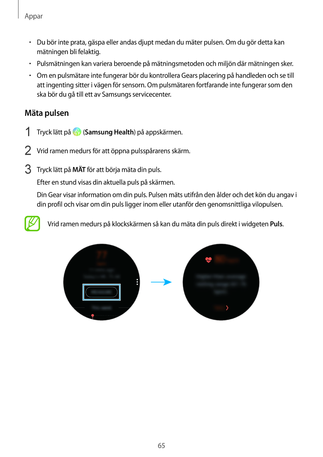 Samsung SM-R600NZBANEE, SM-R600NZKANEE manual Mäta pulsen 