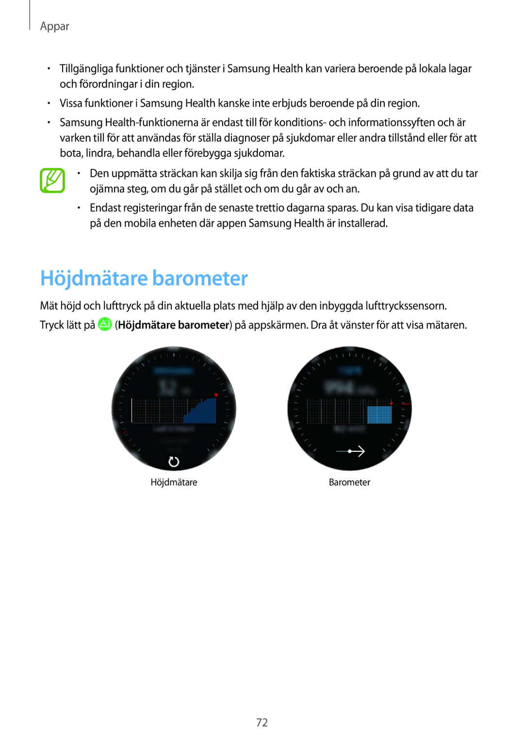 Samsung SM-R600NZKANEE, SM-R600NZBANEE manual Höjdmätare barometer 