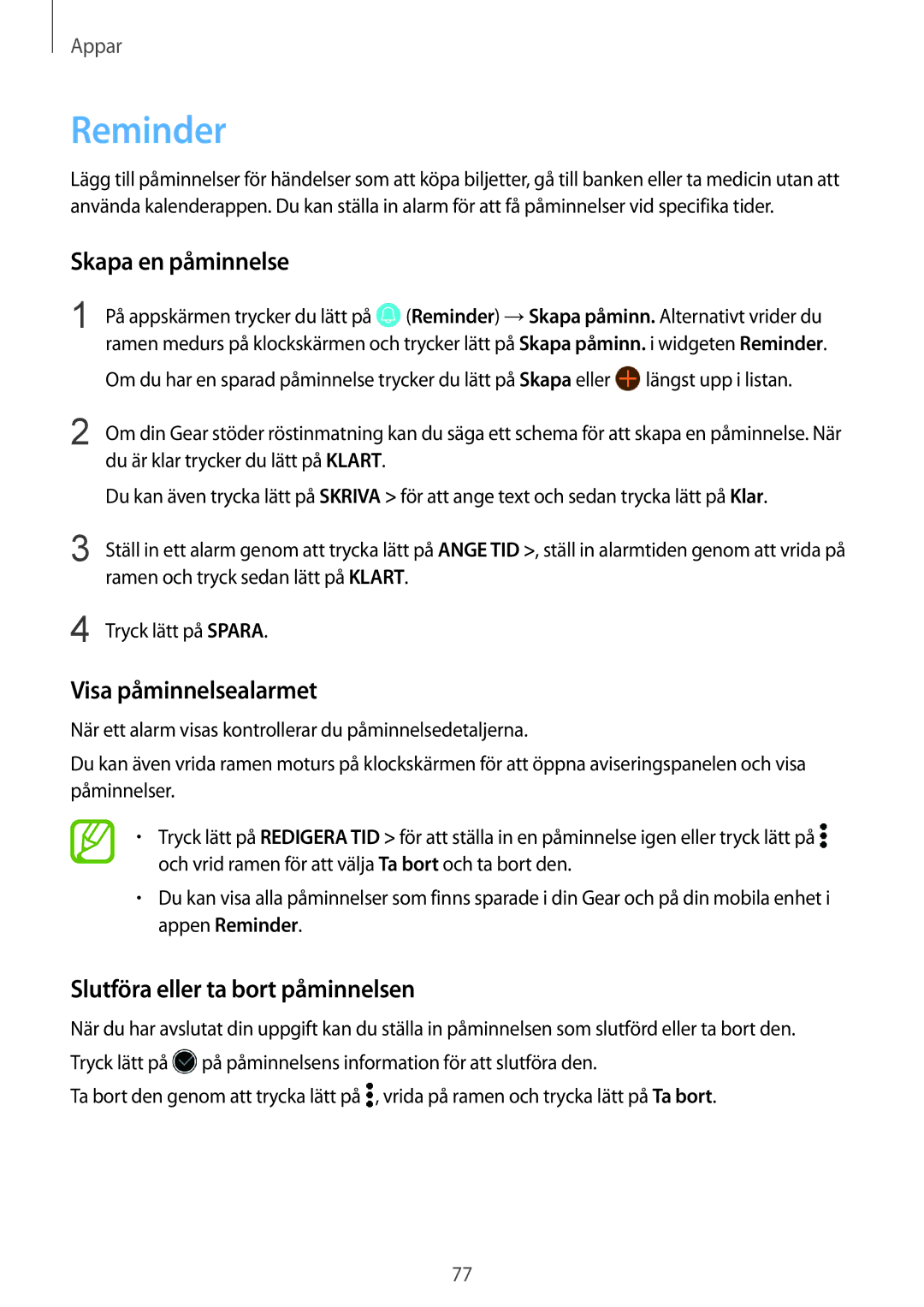 Samsung SM-R600NZBANEE manual Reminder, Skapa en påminnelse, Visa påminnelsealarmet, Slutföra eller ta bort påminnelsen 