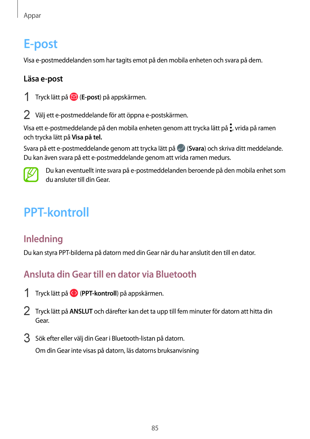 Samsung SM-R600NZBANEE, SM-R600NZKANEE manual Post, PPT-kontroll, Ansluta din Gear till en dator via Bluetooth, Läsa e-post 