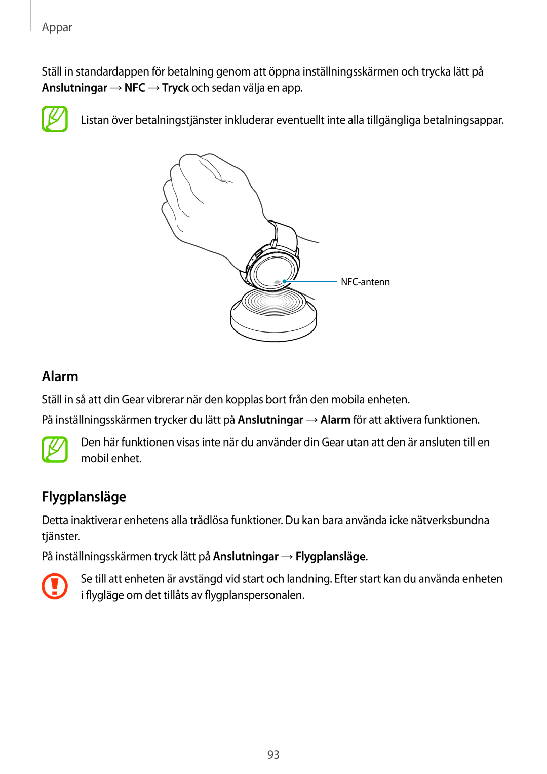 Samsung SM-R600NZBANEE, SM-R600NZKANEE manual Alarm, Flygplansläge 