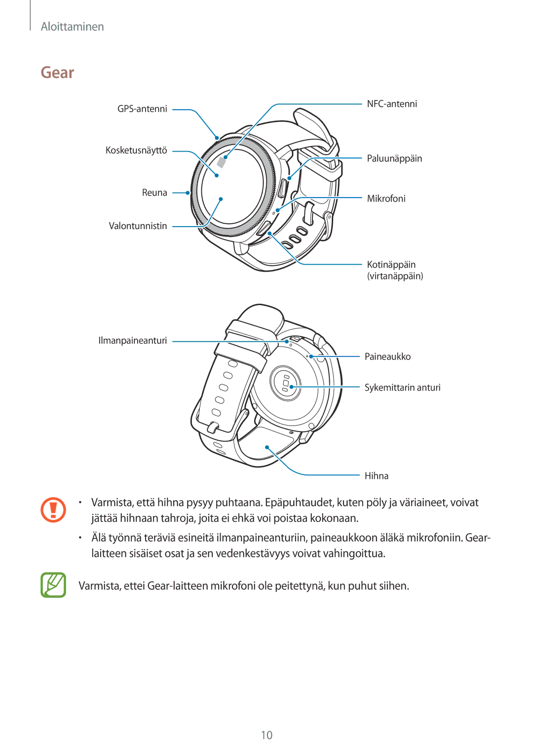 Samsung SM-R600NZKANEE, SM-R600NZBANEE manual Gear, Jättää hihnaan tahroja, joita ei ehkä voi poistaa kokonaan 