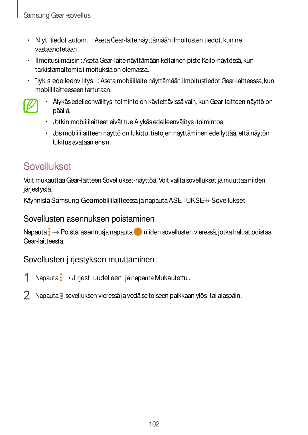 Samsung SM-R600NZKANEE manual Sovellukset, Sovellusten asennuksen poistaminen, Sovellusten järjestyksen muuttaminen 