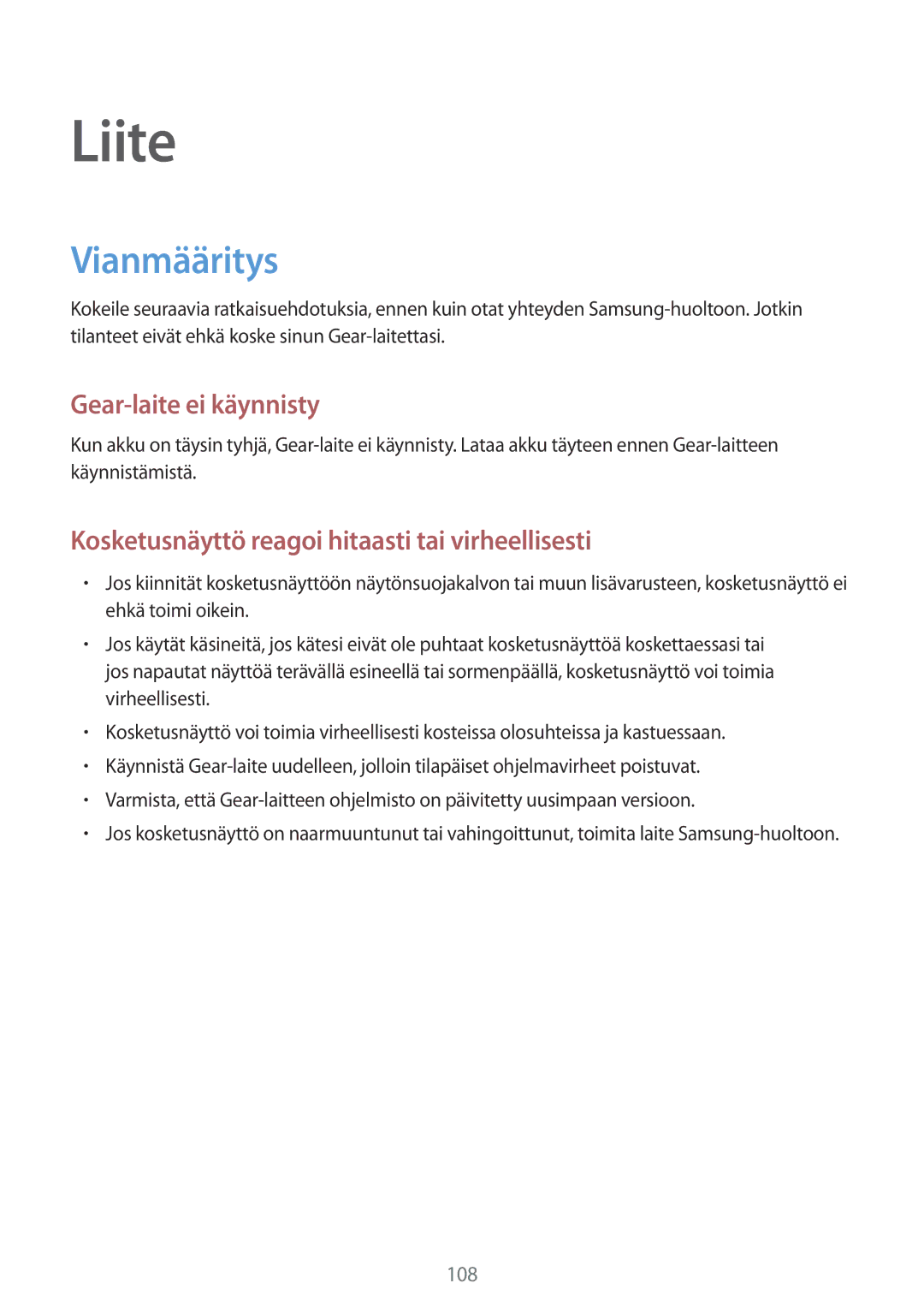 Samsung SM-R600NZKANEE, SM-R600NZBANEE manual Liite, Vianmääritys 