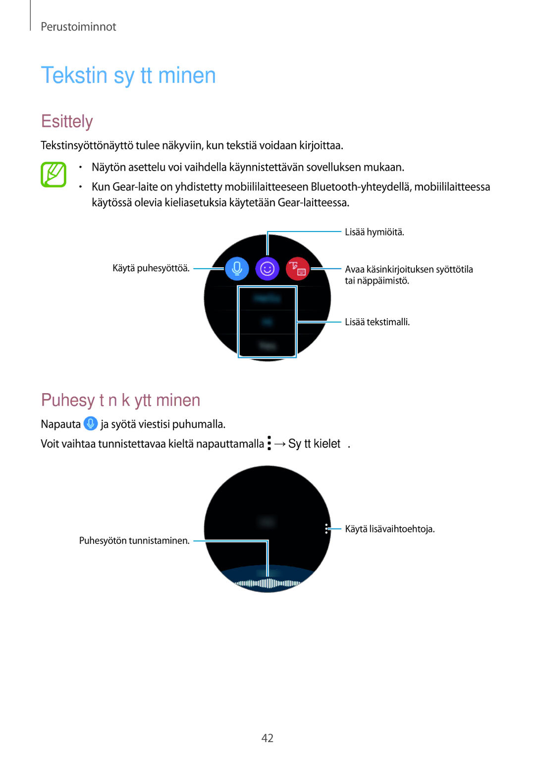 Samsung SM-R600NZKANEE, SM-R600NZBANEE manual Tekstin syöttäminen, Esittely, Puhesyötön käyttäminen 