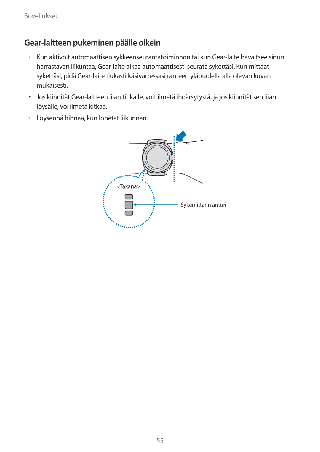 Samsung SM-R600NZBANEE, SM-R600NZKANEE manual Gear-laitteen pukeminen päälle oikein 