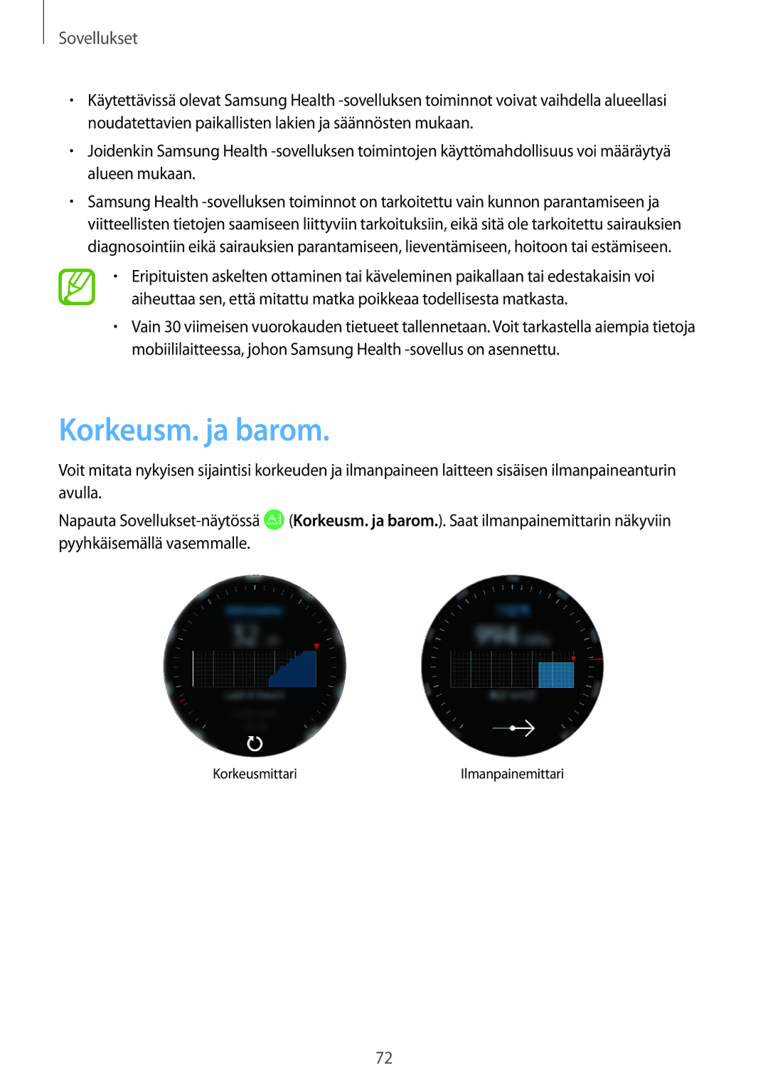 Samsung SM-R600NZKANEE, SM-R600NZBANEE manual Korkeusm. ja barom 