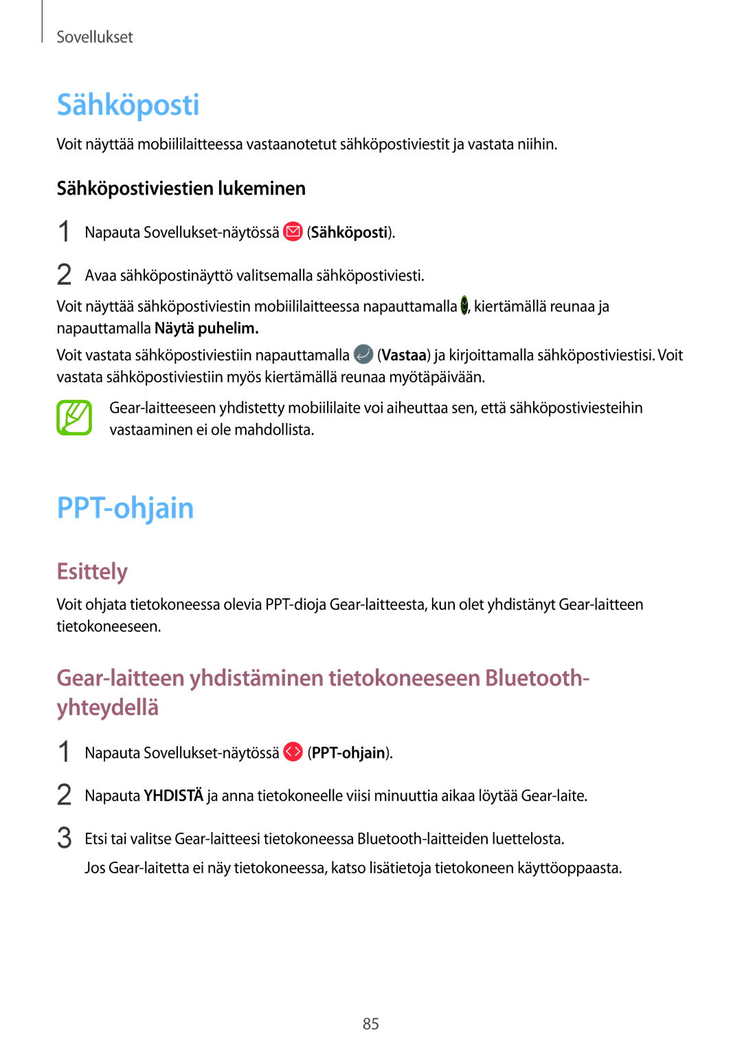 Samsung SM-R600NZBANEE, SM-R600NZKANEE manual PPT-ohjain, Sähköpostiviestien lukeminen 