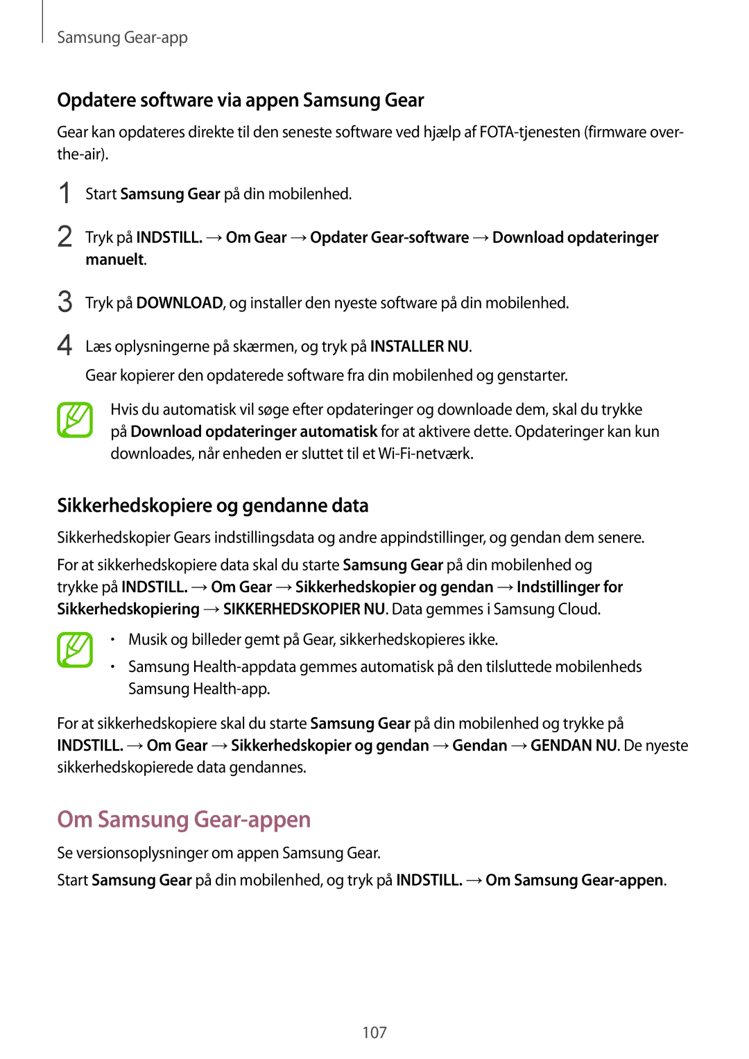 Samsung SM-R600NZBANEE Om Samsung Gear-appen, Opdatere software via appen Samsung Gear, Sikkerhedskopiere og gendanne data 