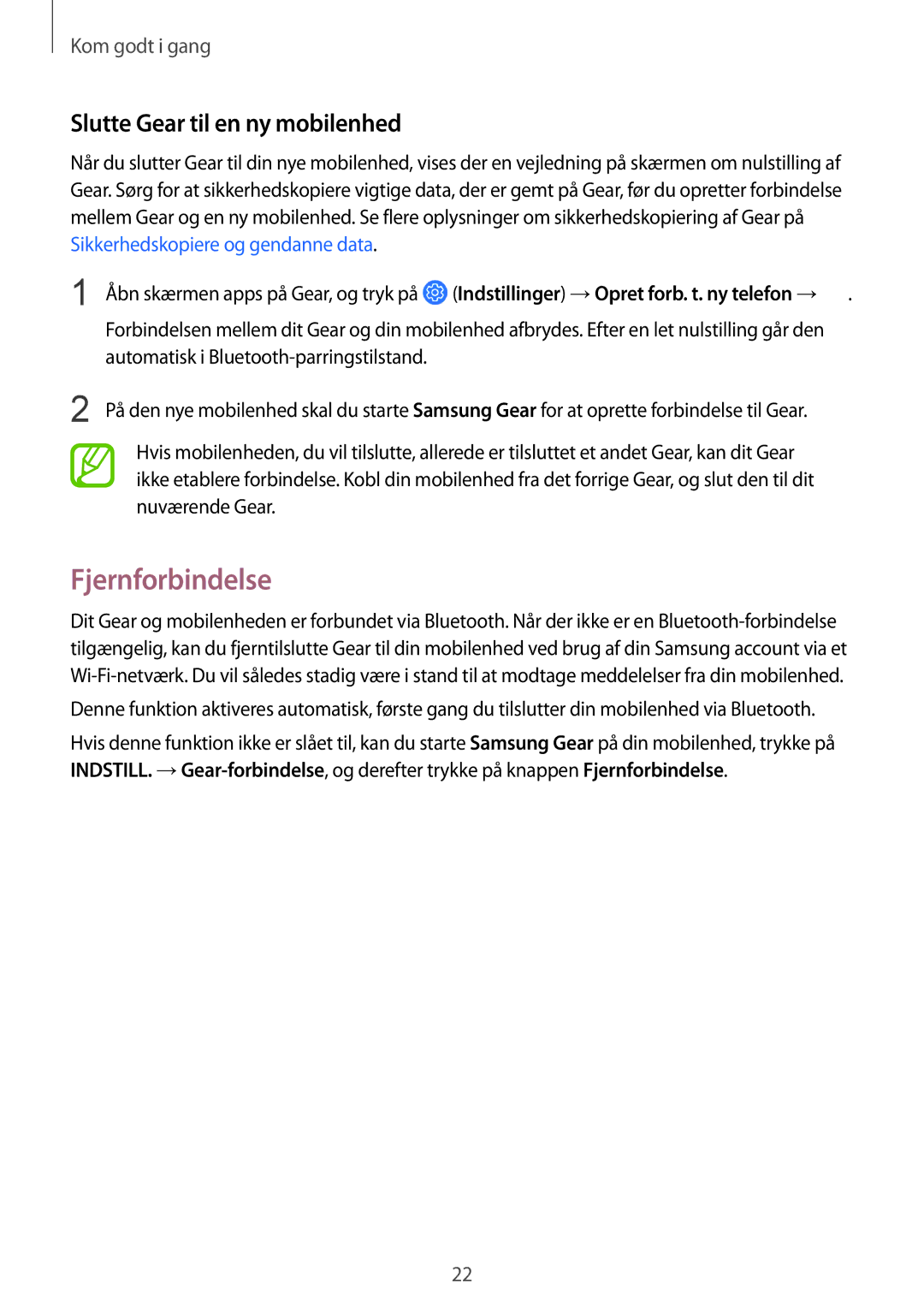 Samsung SM-R600NZKANEE, SM-R600NZBANEE manual Fjernforbindelse, Slutte Gear til en ny mobilenhed 