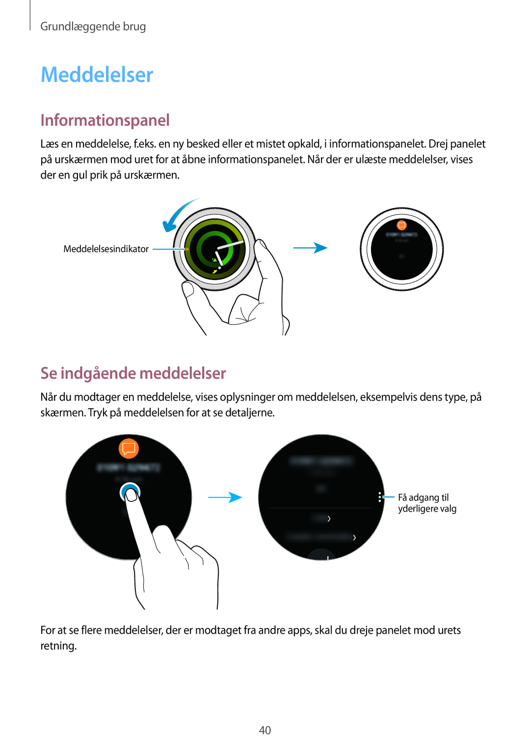 Samsung SM-R600NZKANEE, SM-R600NZBANEE manual Meddelelser, Informationspanel, Se indgående meddelelser 