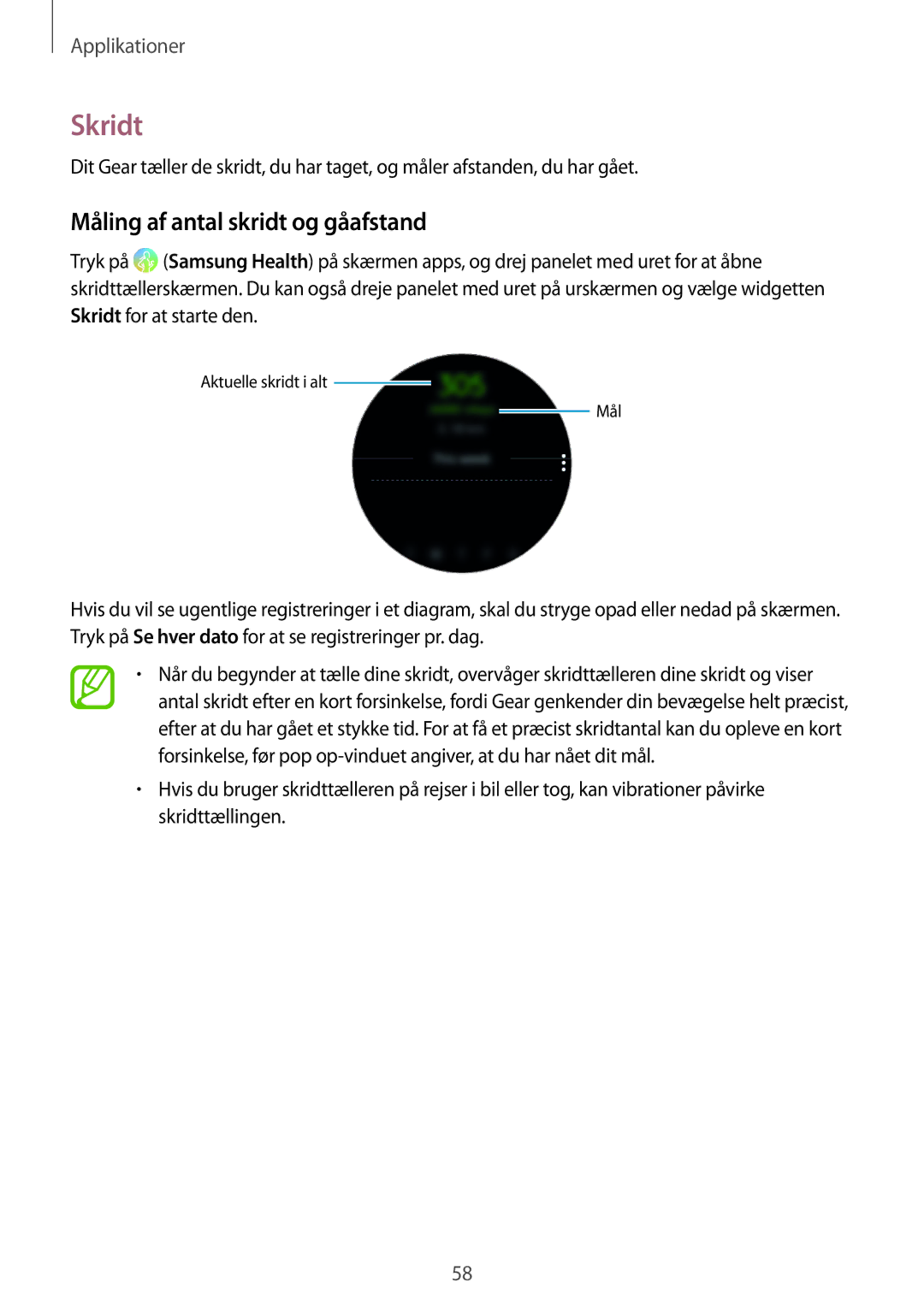 Samsung SM-R600NZKANEE, SM-R600NZBANEE manual Skridt, Måling af antal skridt og gåafstand 