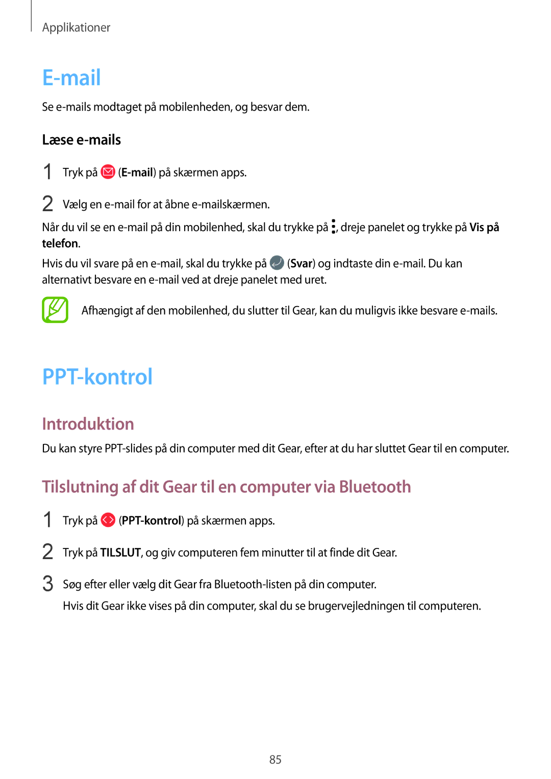 Samsung SM-R600NZBANEE manual Mail, PPT-kontrol, Tilslutning af dit Gear til en computer via Bluetooth, Læse e-mails 