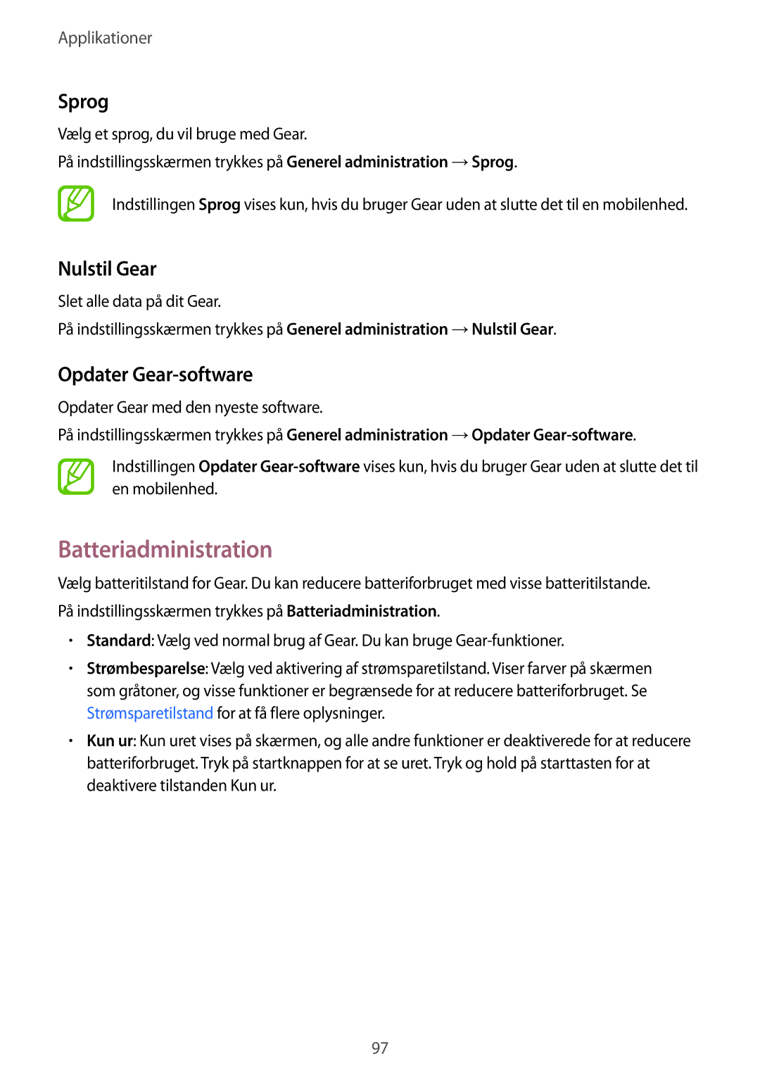 Samsung SM-R600NZBANEE, SM-R600NZKANEE manual Batteriadministration, Sprog, Nulstil Gear, Opdater Gear-software 