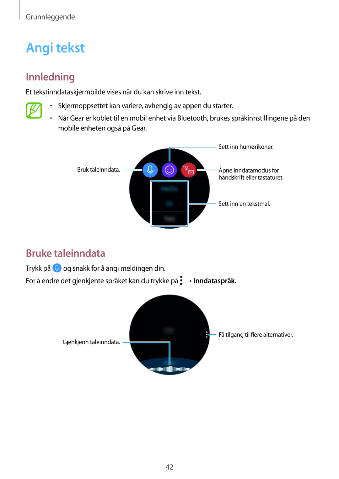 Samsung SM-R600NZKANEE, SM-R600NZBANEE manual Angi tekst, Innledning, Bruke taleinndata 