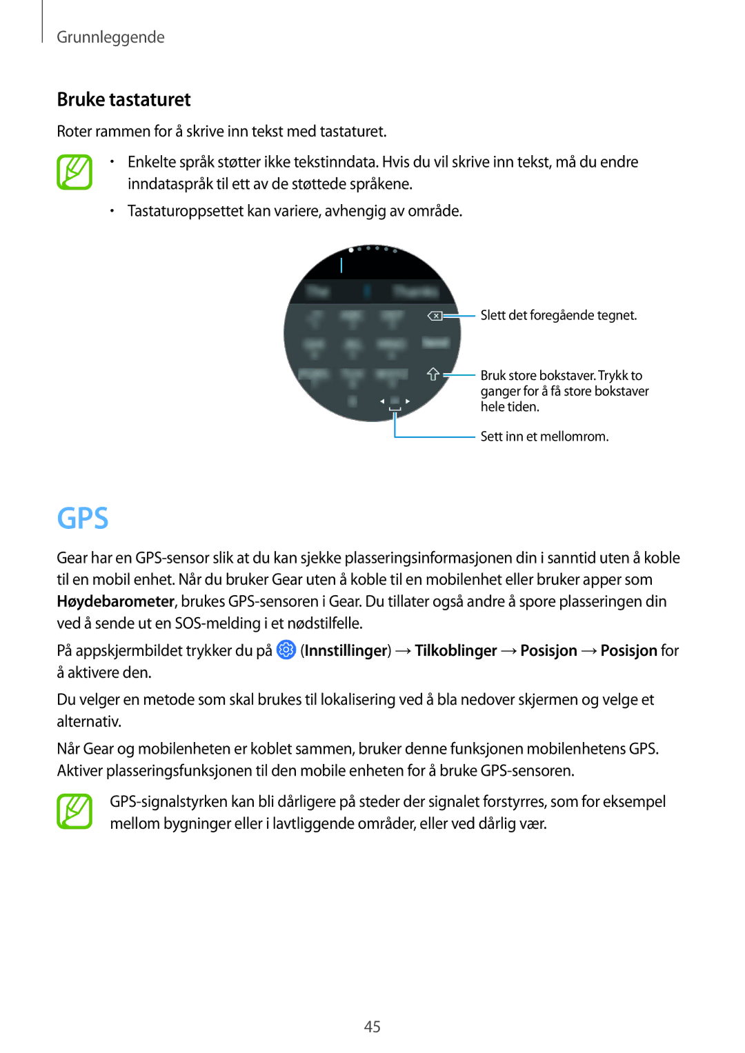 Samsung SM-R600NZBANEE, SM-R600NZKANEE manual Gps, Bruke tastaturet 