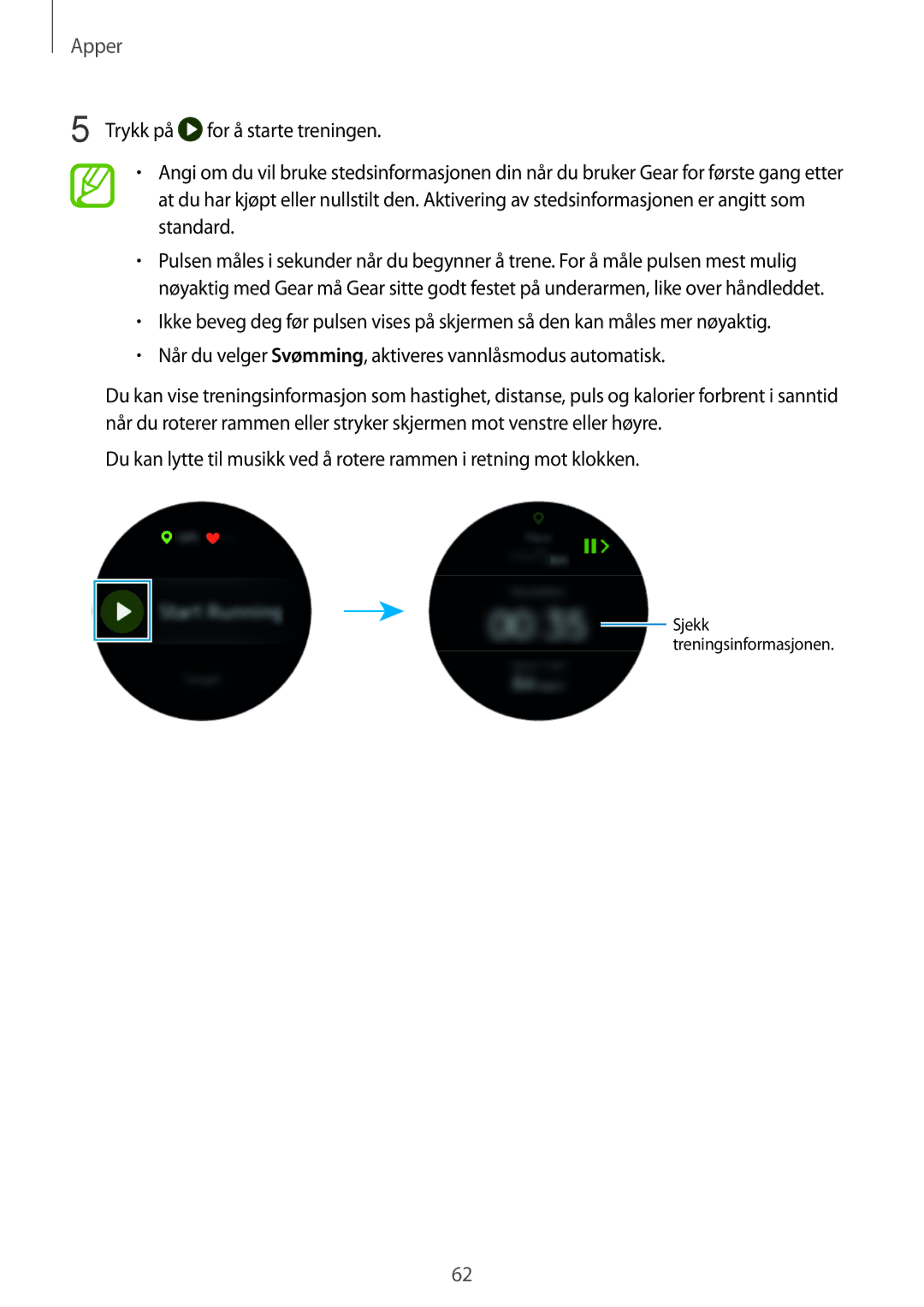 Samsung SM-R600NZKANEE, SM-R600NZBANEE manual For å starte treningen 