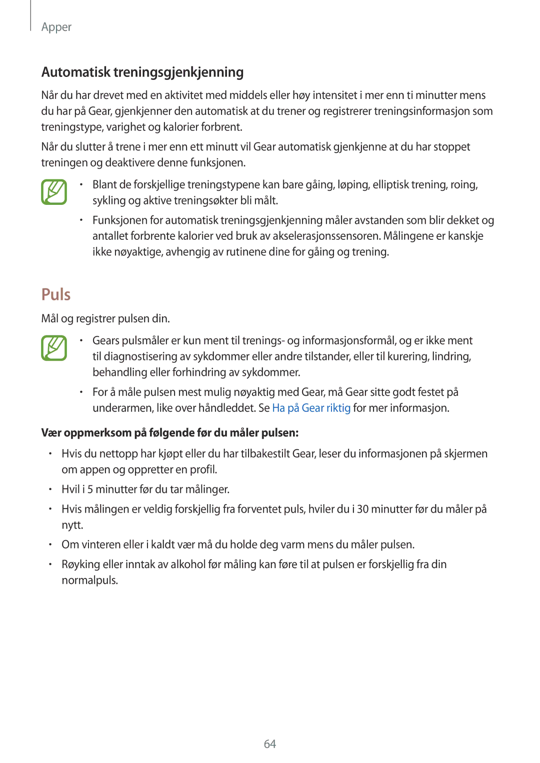 Samsung SM-R600NZKANEE manual Puls, Automatisk treningsgjenkjenning, Vær oppmerksom på følgende før du måler pulsen 