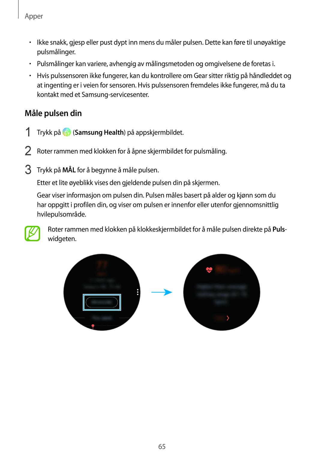 Samsung SM-R600NZBANEE, SM-R600NZKANEE manual Måle pulsen din 