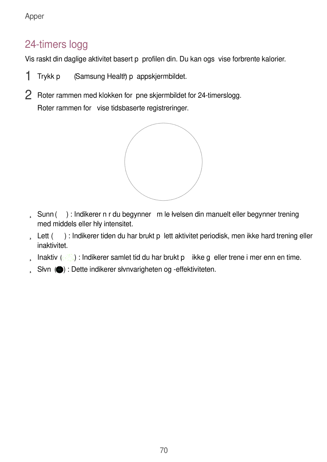 Samsung SM-R600NZKANEE, SM-R600NZBANEE manual Timers logg, Søvn Dette indikerer søvnvarigheten og -effektiviteten 