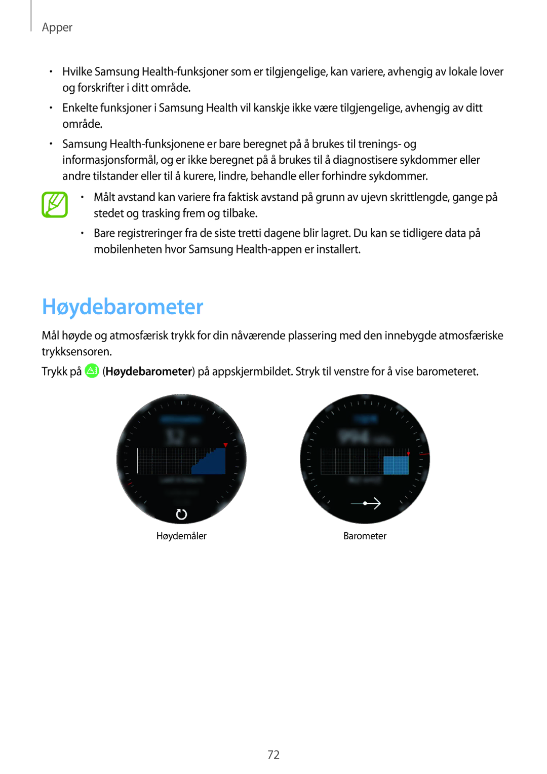 Samsung SM-R600NZKANEE, SM-R600NZBANEE manual Høydebarometer 