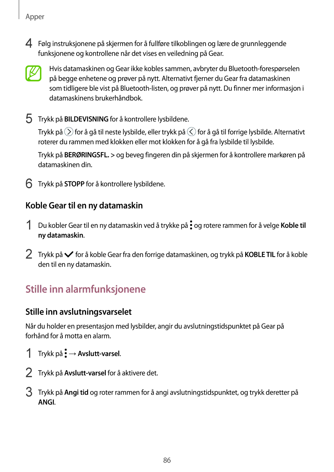 Samsung SM-R600NZKANEE manual Stille inn alarmfunksjonene, Koble Gear til en ny datamaskin, Stille inn avslutningsvarselet 