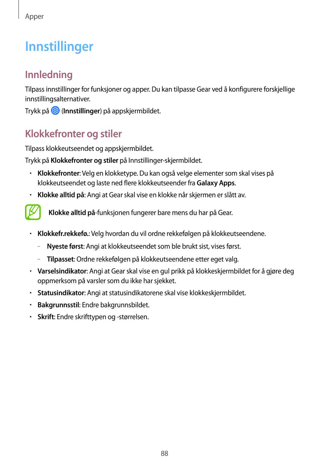 Samsung SM-R600NZKANEE, SM-R600NZBANEE manual Innstillinger, Klokkefronter og stiler 