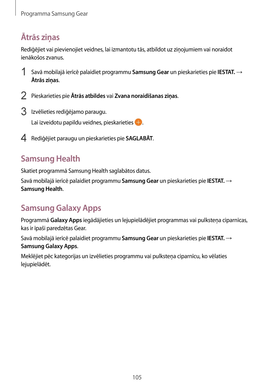 Samsung SM-R600NZBASEB, SM-R600NZKASEB manual Ātrās ziņas, Samsung Health, Samsung Galaxy Apps 