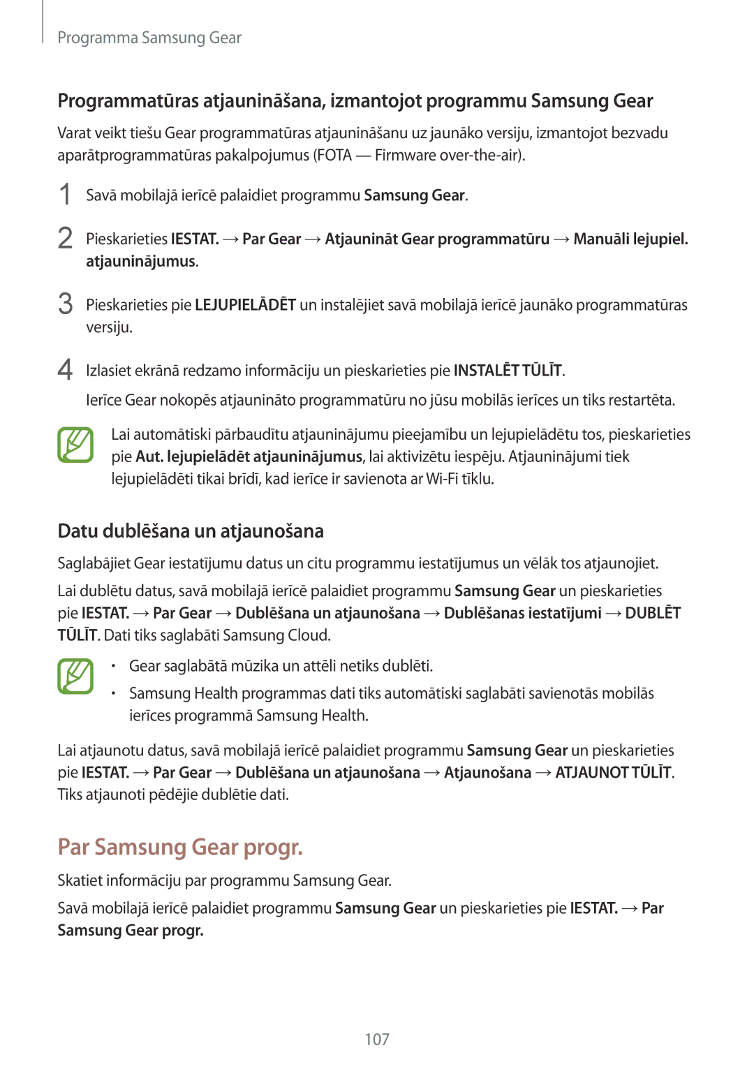 Samsung SM-R600NZBASEB, SM-R600NZKASEB manual Par Samsung Gear progr, Datu dublēšana un atjaunošana 