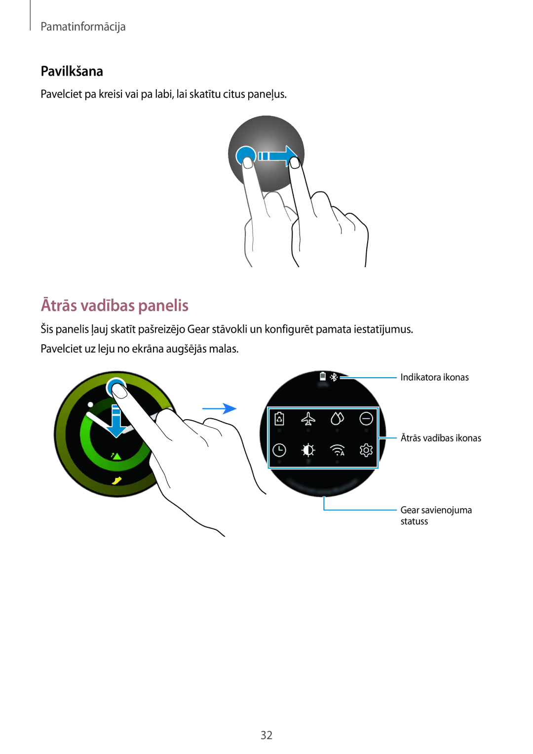 Samsung SM-R600NZKASEB, SM-R600NZBASEB manual Ātrās vadības panelis, Pavilkšana 