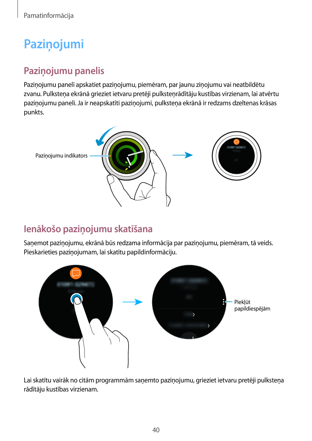 Samsung SM-R600NZKASEB, SM-R600NZBASEB manual Paziņojumi, Paziņojumu panelis, Ienākošo paziņojumu skatīšana 