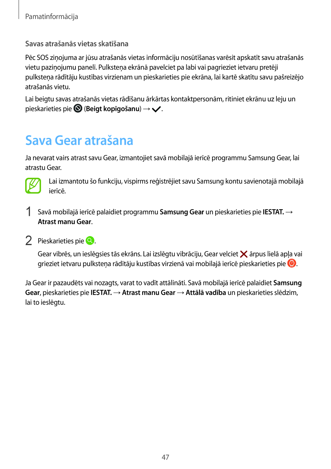 Samsung SM-R600NZBASEB, SM-R600NZKASEB manual Sava Gear atrašana, Atrast manu Gear 