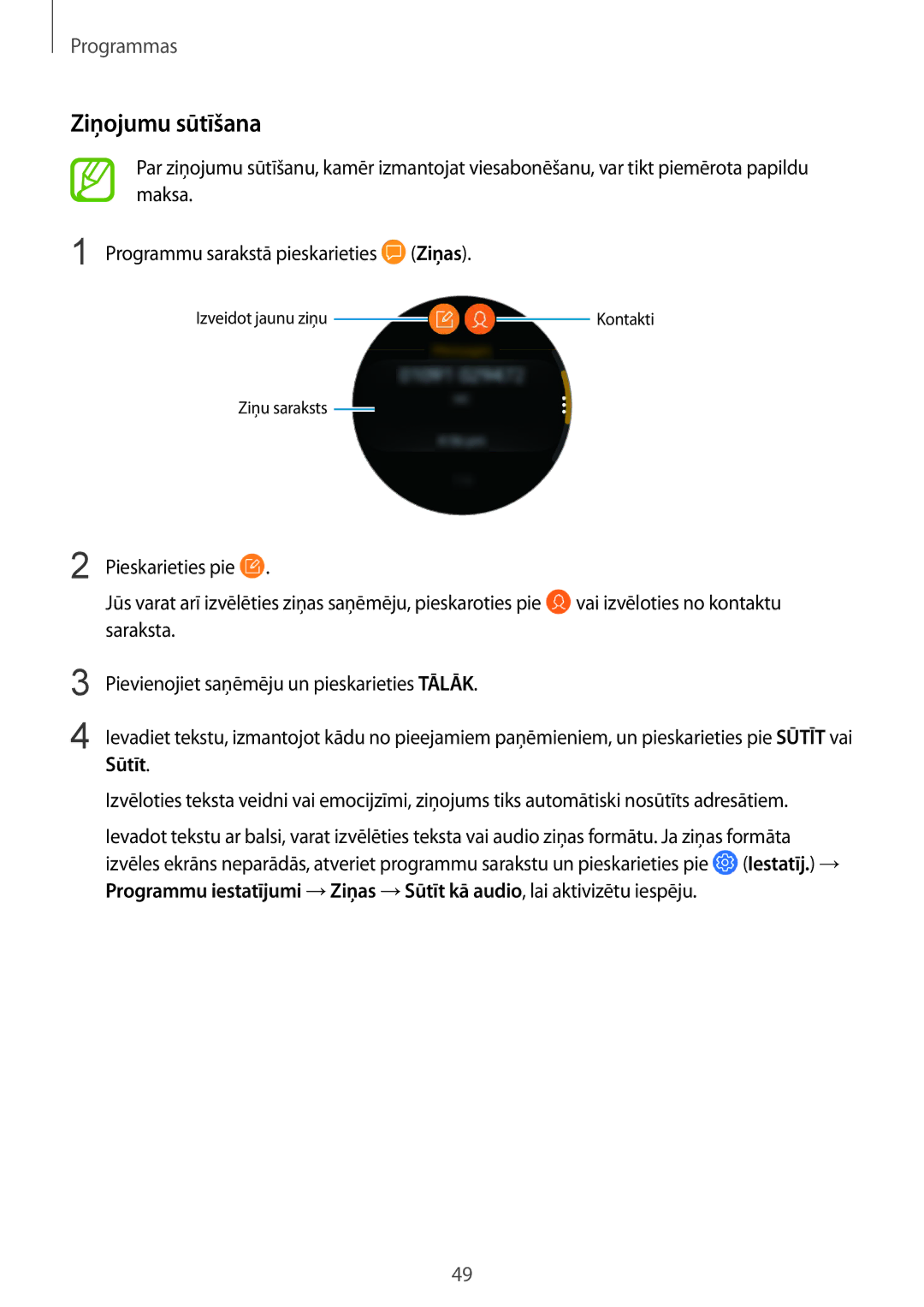 Samsung SM-R600NZBASEB, SM-R600NZKASEB manual Ziņojumu sūtīšana, Ziņas, Sūtīt 