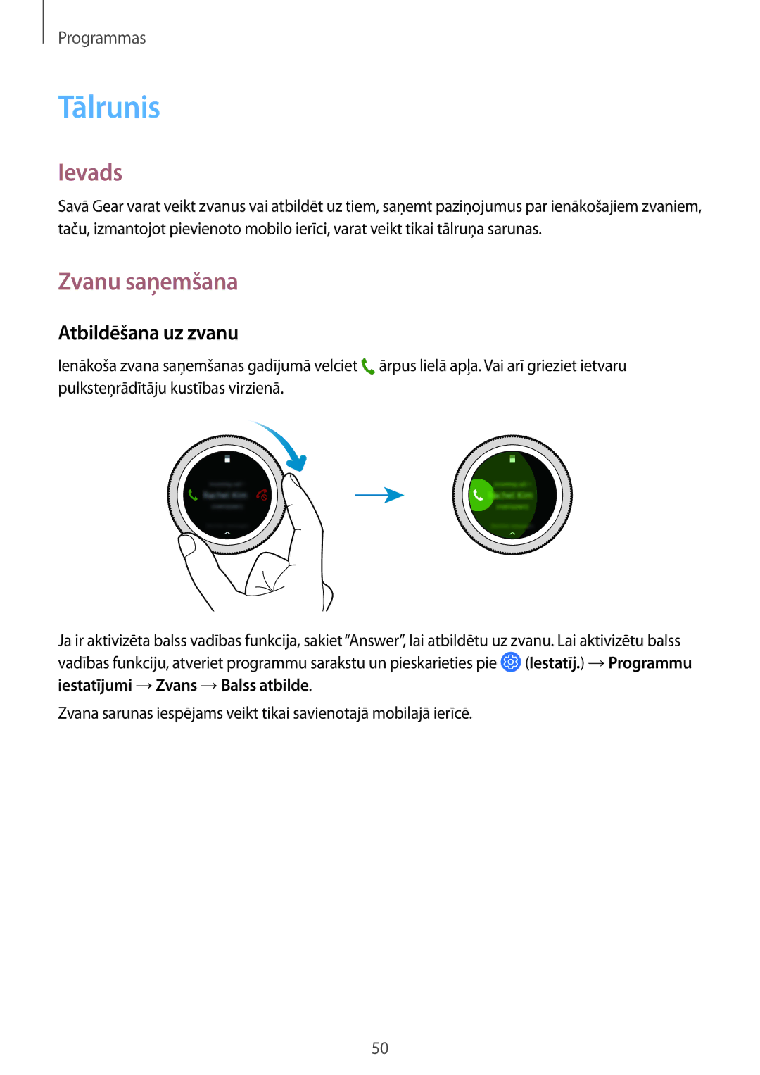 Samsung SM-R600NZKASEB, SM-R600NZBASEB manual Tālrunis, Zvanu saņemšana, Atbildēšana uz zvanu 