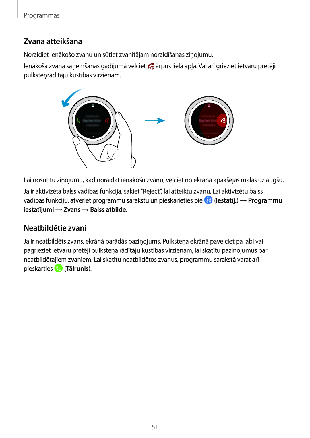 Samsung SM-R600NZBASEB, SM-R600NZKASEB manual Zvana atteikšana, Neatbildētie zvani 