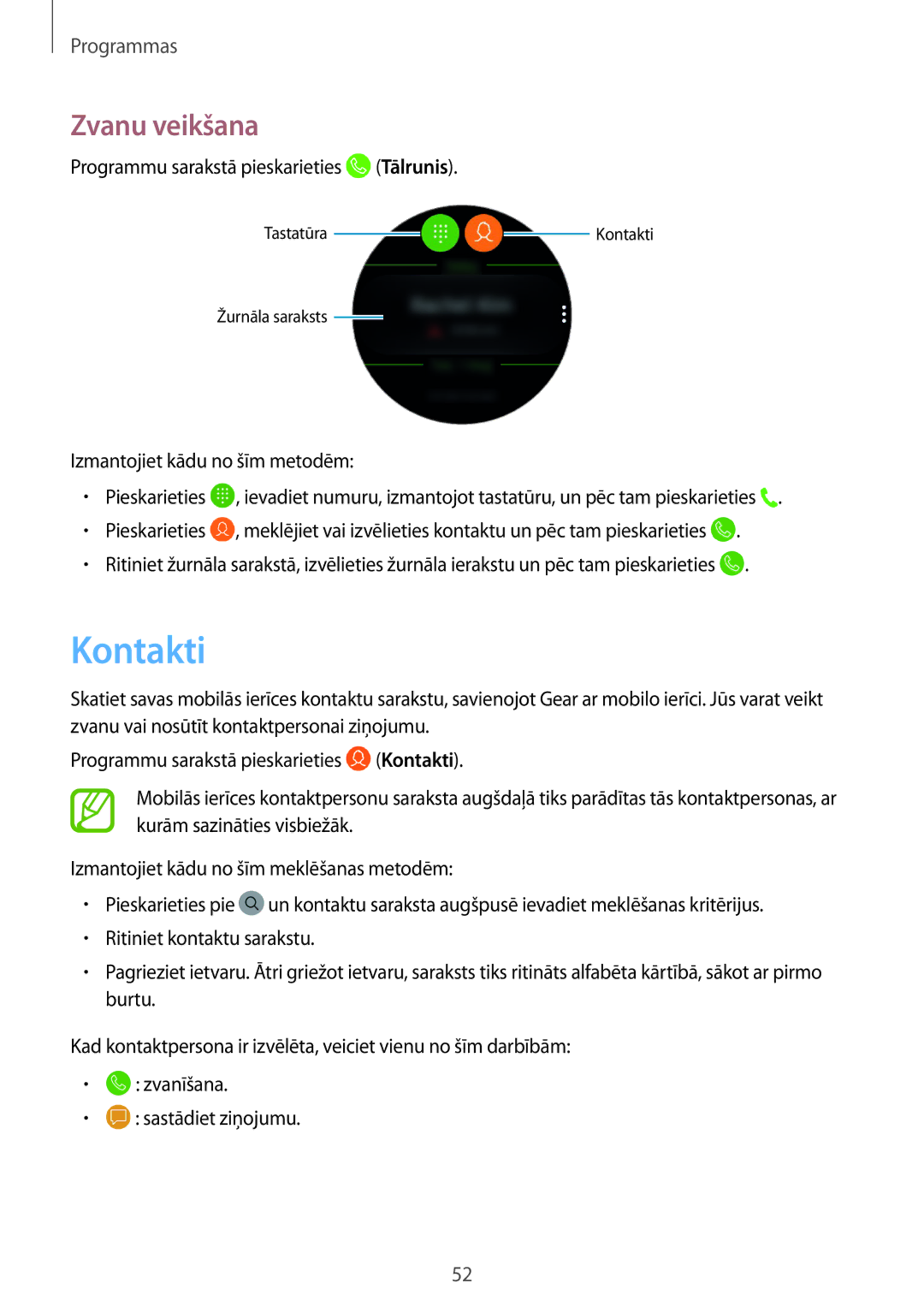 Samsung SM-R600NZKASEB, SM-R600NZBASEB manual Kontakti, Zvanu veikšana 