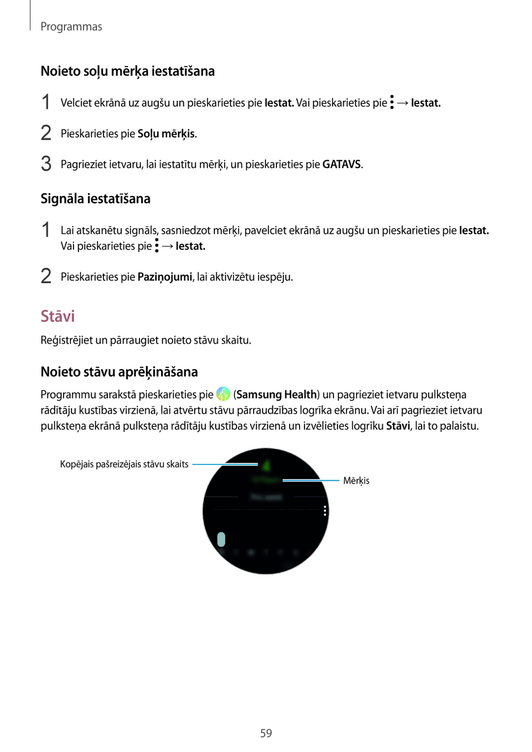 Samsung SM-R600NZBASEB manual Stāvi, Noieto soļu mērķa iestatīšana, Signāla iestatīšana, Noieto stāvu aprēķināšana 