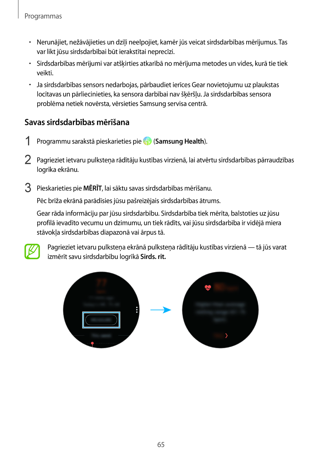 Samsung SM-R600NZBASEB, SM-R600NZKASEB manual Savas sirdsdarbības mērīšana 