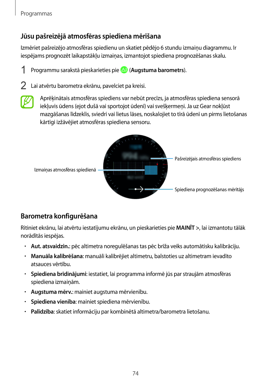 Samsung SM-R600NZKASEB, SM-R600NZBASEB manual Jūsu pašreizējā atmosfēras spiediena mērīšana, Barometra konfigurēšana 