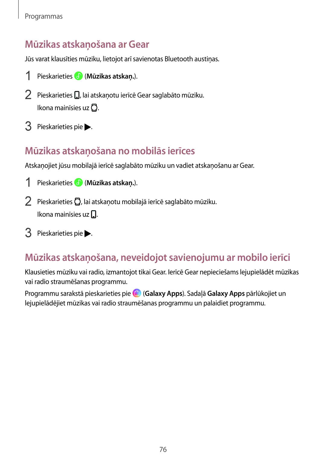 Samsung SM-R600NZKASEB, SM-R600NZBASEB manual Mūzikas atskaņošana ar Gear, Mūzikas atskaņošana no mobilās ierīces 