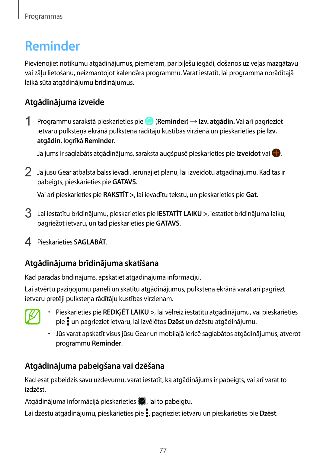 Samsung SM-R600NZBASEB, SM-R600NZKASEB manual Reminder, Atgādinājuma izveide, Atgādinājuma brīdinājuma skatīšana 