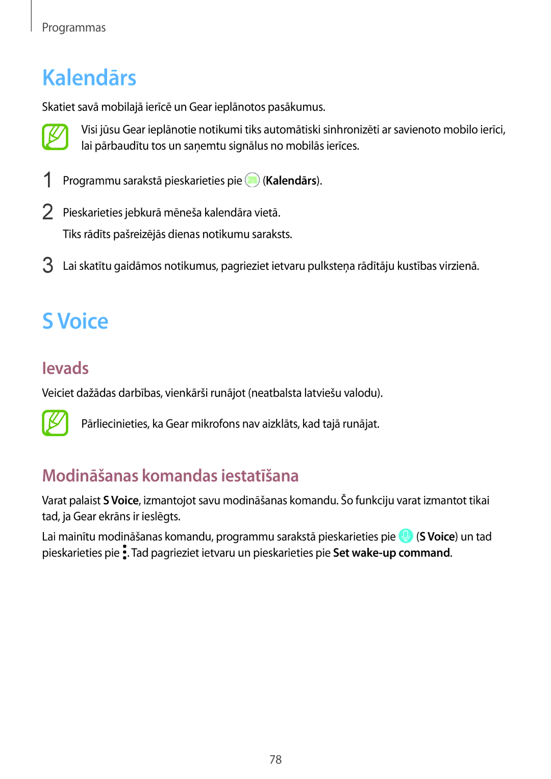 Samsung SM-R600NZKASEB, SM-R600NZBASEB manual Kalendārs, Voice, Modināšanas komandas iestatīšana 