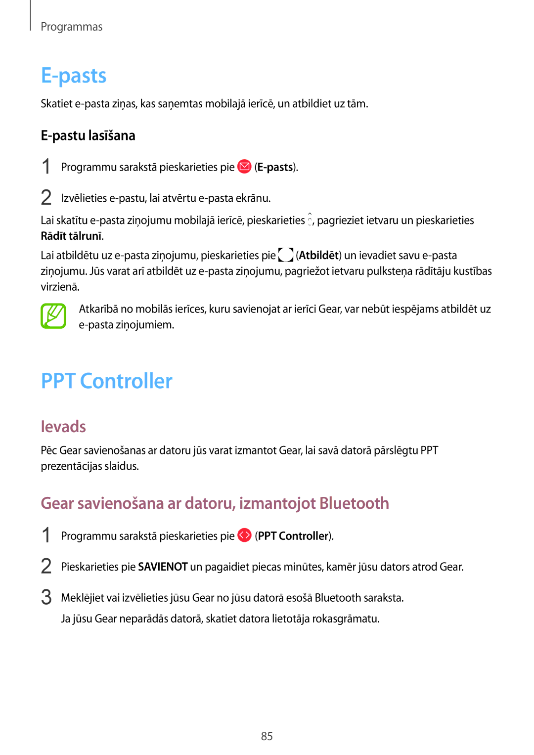 Samsung SM-R600NZBASEB manual Pasts, PPT Controller, Gear savienošana ar datoru, izmantojot Bluetooth, Pastu lasīšana 