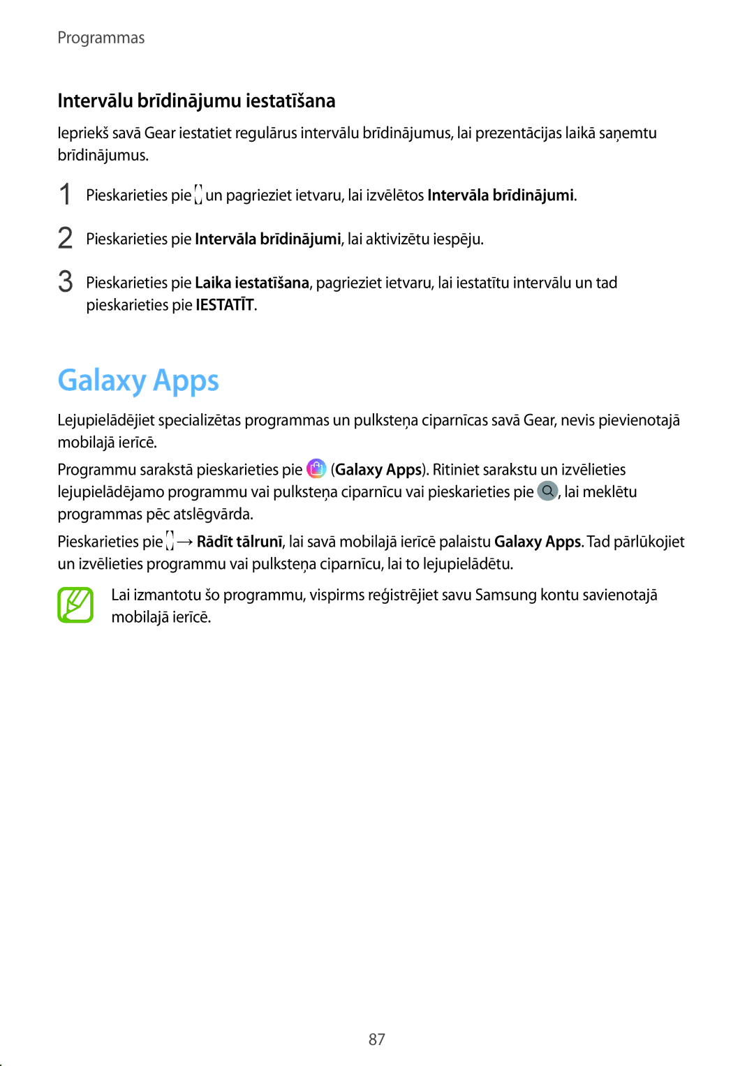 Samsung SM-R600NZBASEB, SM-R600NZKASEB manual Galaxy Apps, Intervālu brīdinājumu iestatīšana 