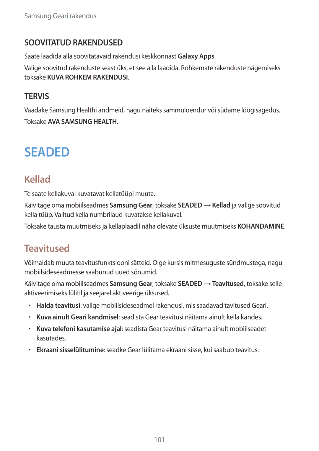 Samsung SM-R600NZBASEB, SM-R600NZKASEB manual Kellad, Teavitused, Toksake AVA Samsung Health 