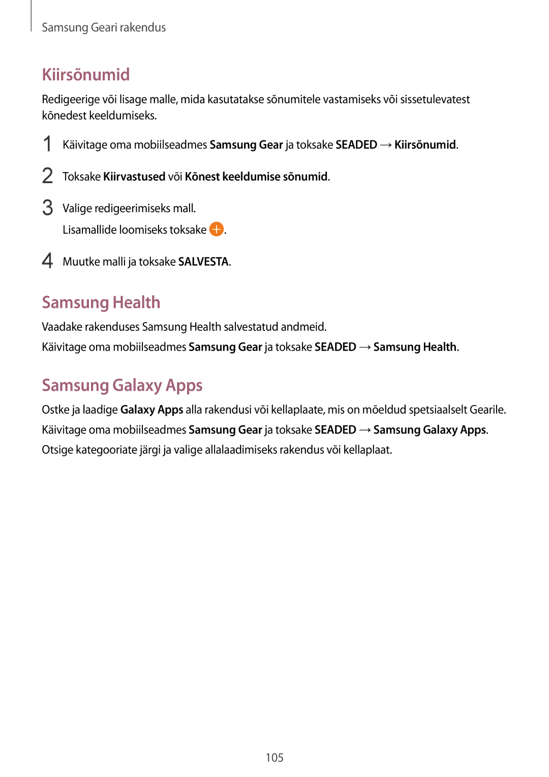 Samsung SM-R600NZBASEB, SM-R600NZKASEB manual Kiirsõnumid, Samsung Health, Samsung Galaxy Apps 